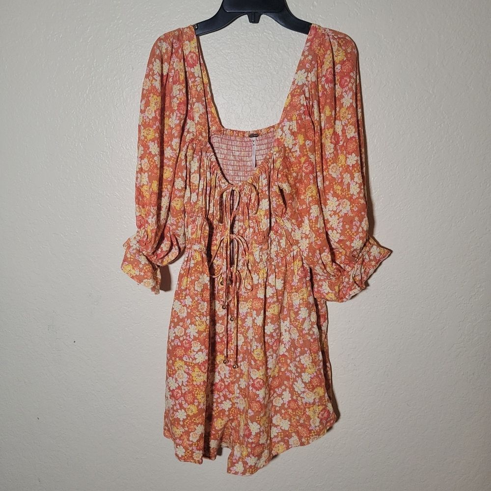 Free People | Show Me Love Romper Floral Puff Sleeve Orange Pink Fairy Linen S